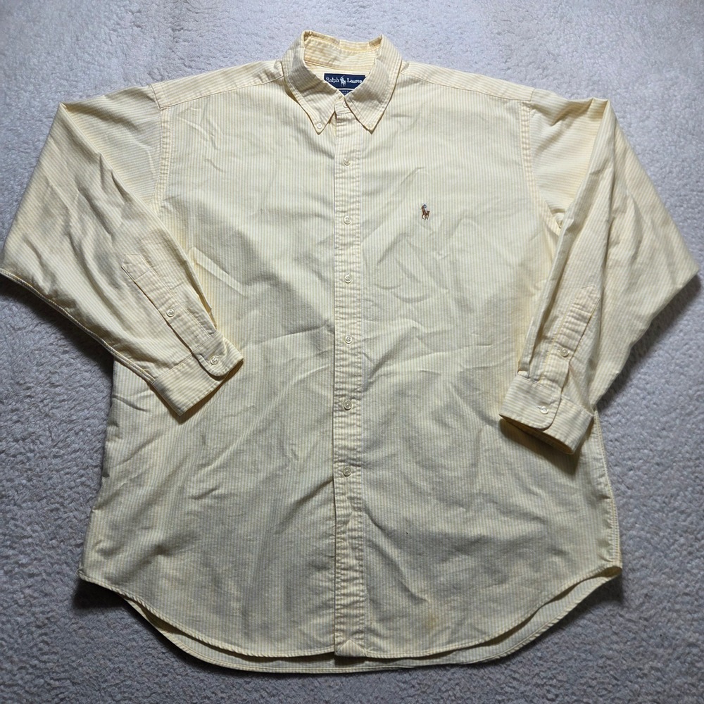 Vintage 90s Ralph Lauren Blake Shirt Mens XL Yellow Striped Cotton Button Down